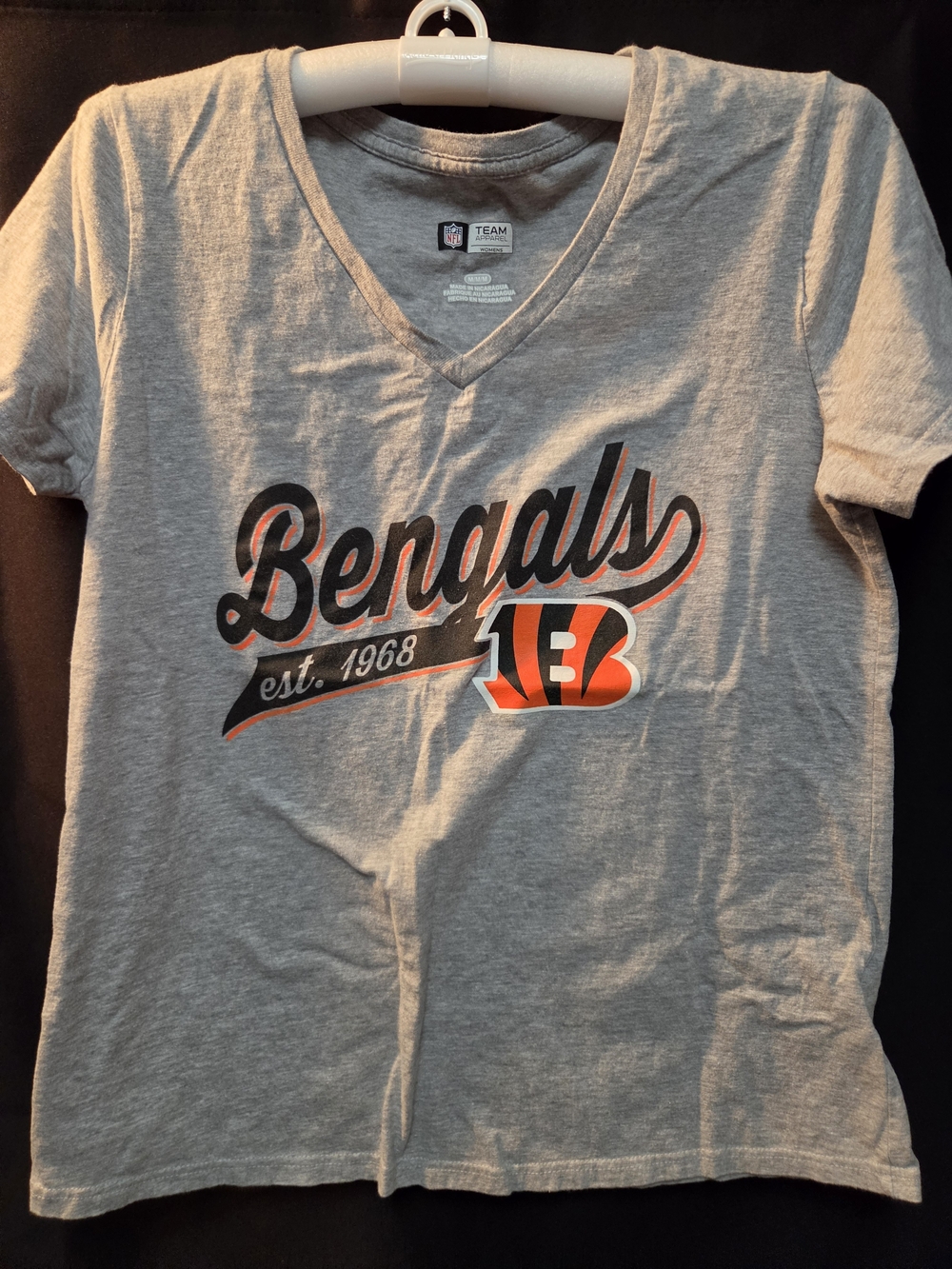 NFL Bengals Gray V-Neck Women's Tee with Orange and Black Logo
